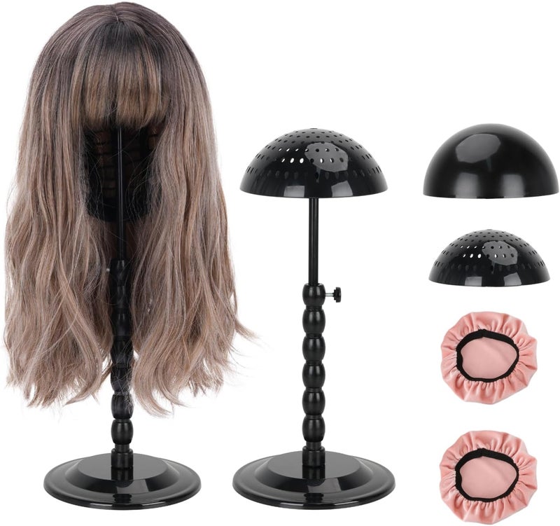 lightmay Wig Stand - Plastic Wig Stand 2 Packs Portable Foldable Wig Hat with Velvet Cover Holder Height Adjustable (12-18.8 Inches) Easy to Install Support Wig Display Stand (Black) - Image 1